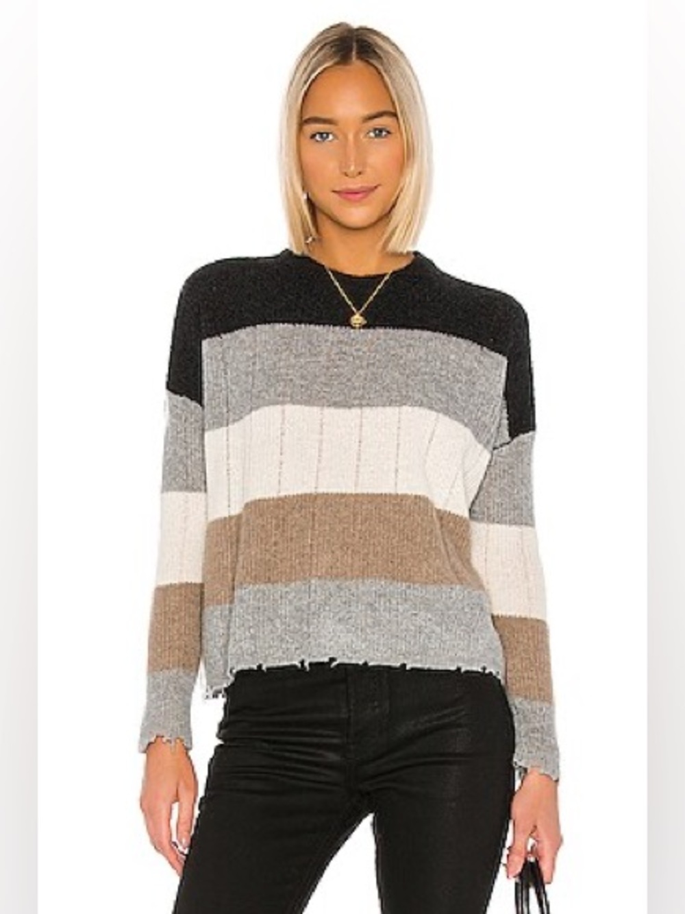 27 Miles Malibu Sabra Cashmere Sweater Size M Neutral Colorblock Raw Hem Knit
